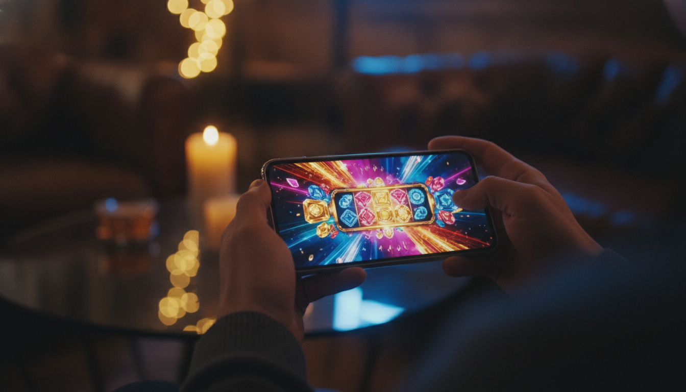 Player enjoying a mobile casino game on a smartphone in a modern setting